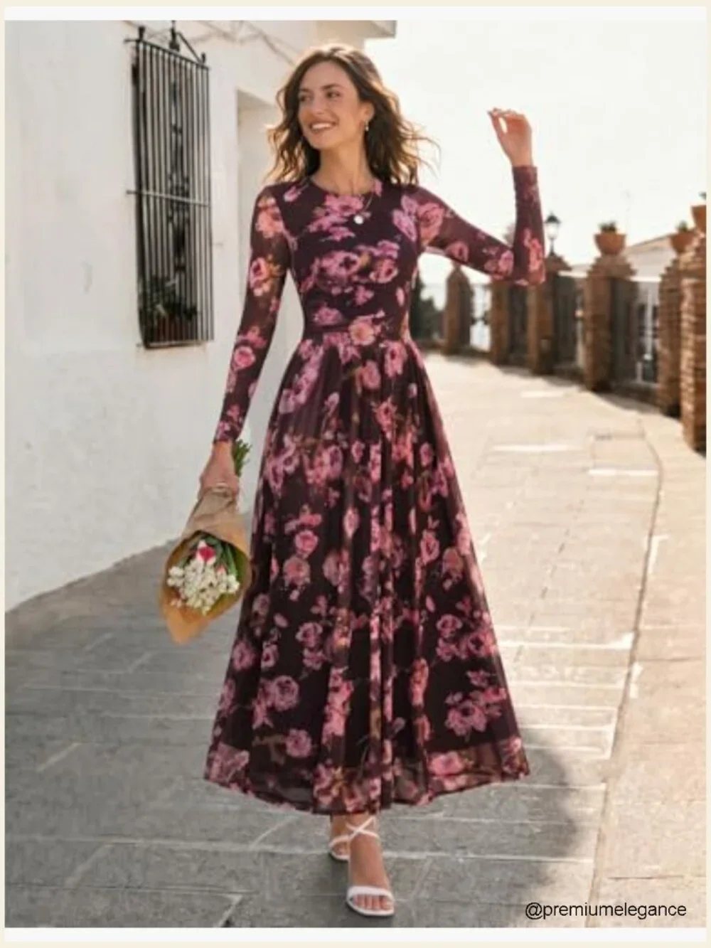 Long Sleeve Crewneck Floral Print Mesh Ruched Maxi Dress - Picture 2 of 7